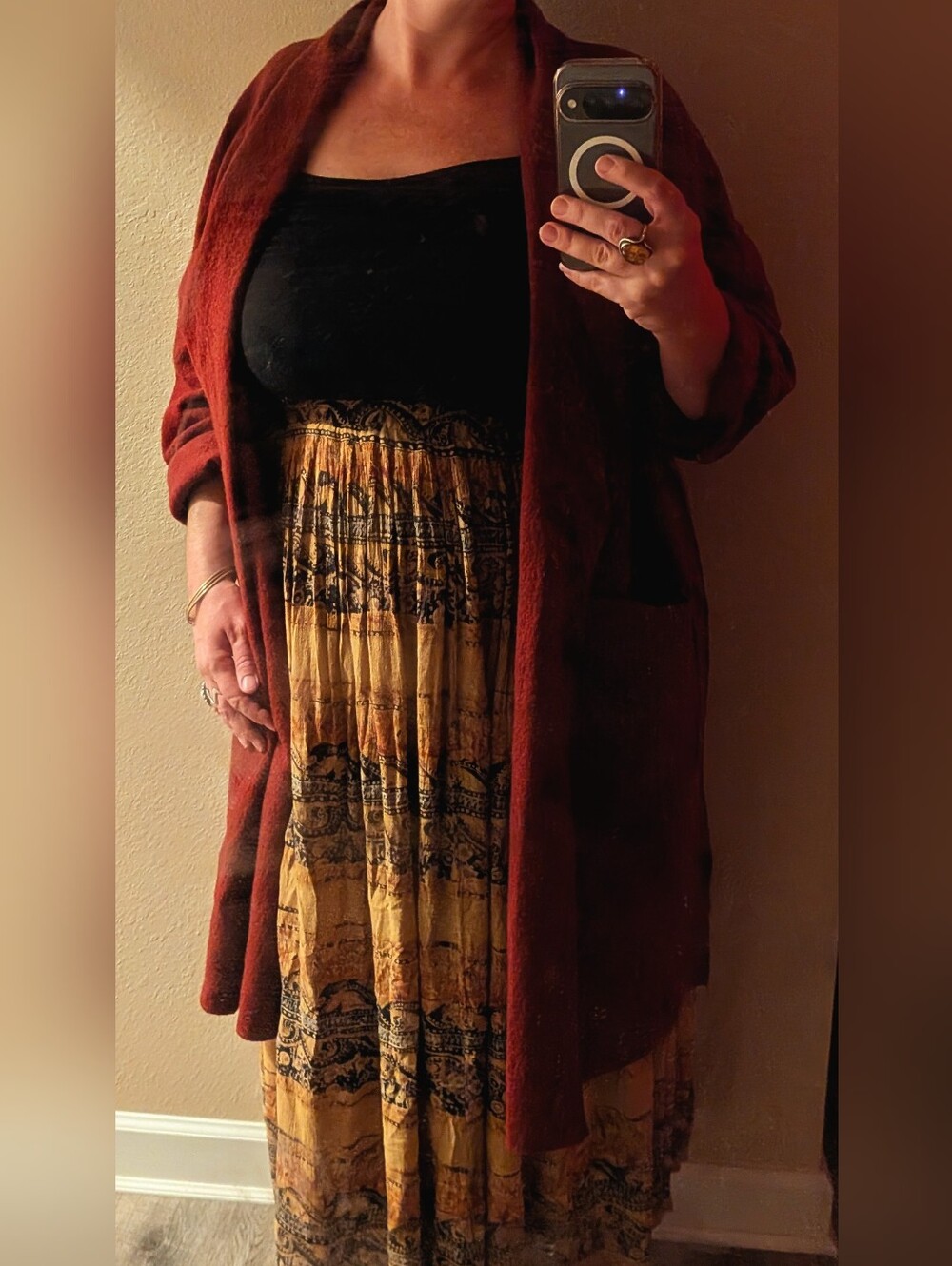 Eileen Fisher Wool Long Cardigan Coat Pockets Open Front Dark Red